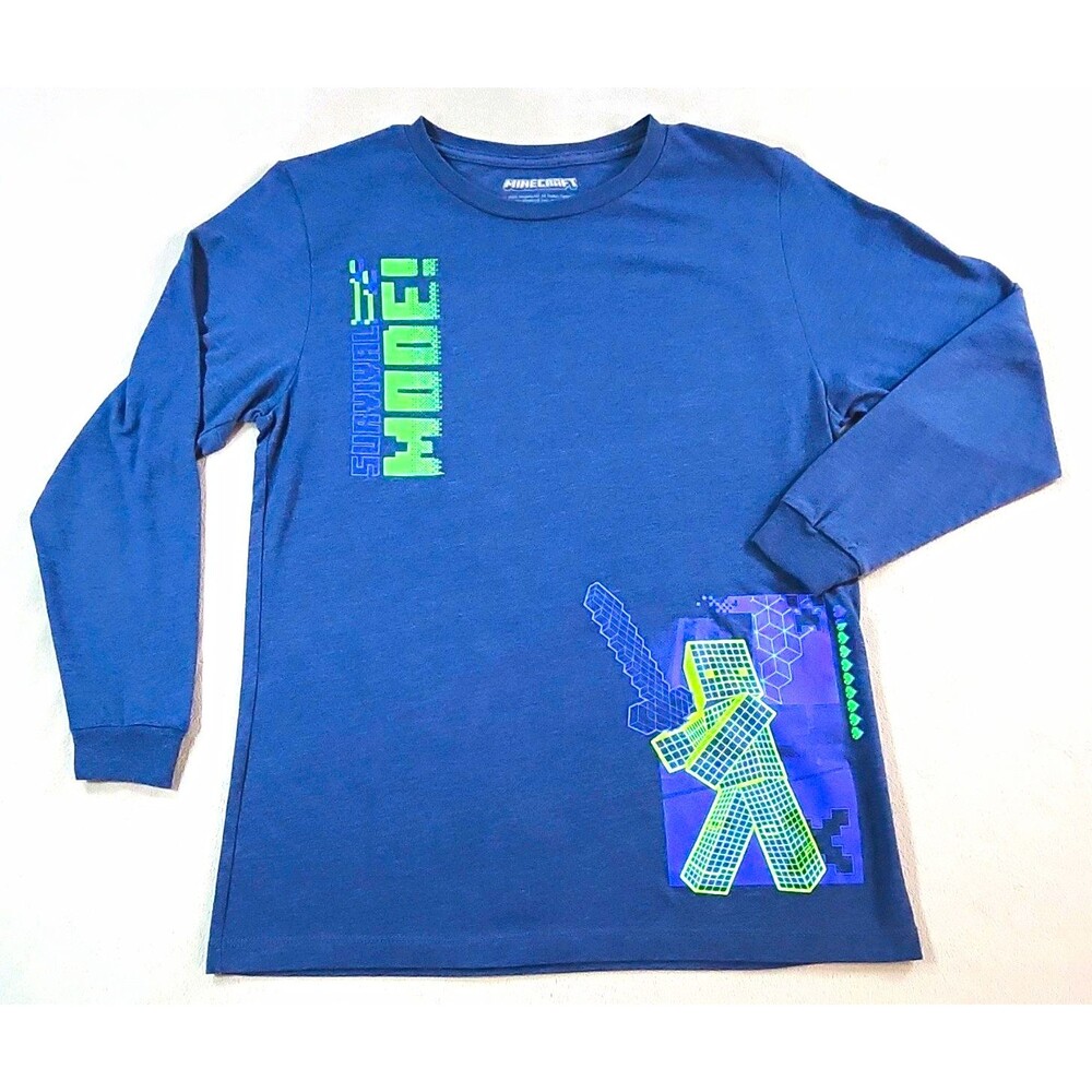 Minecraft Boys XL Blue Long Sleeve Graphic Crew Neck Cotton Blend T-Shirt